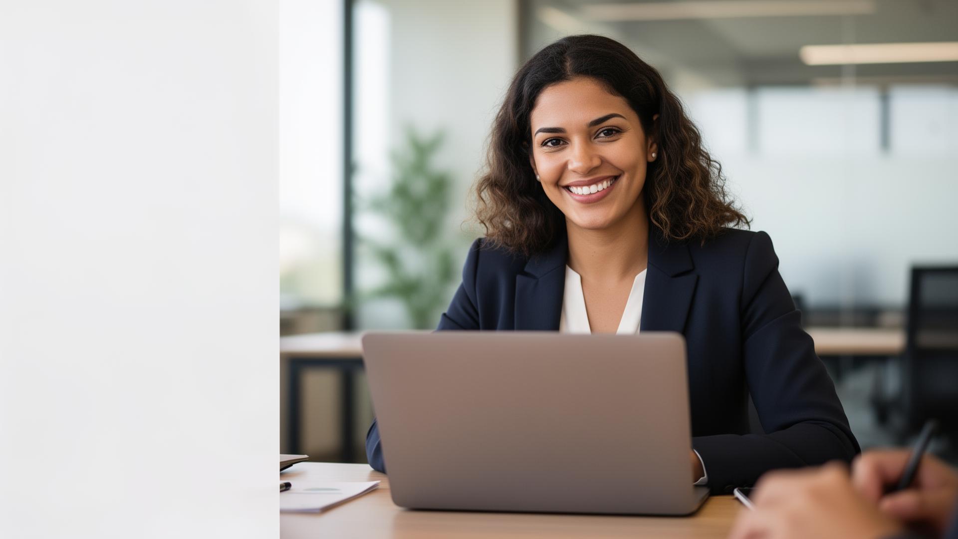 Gestora sorrindo durante reunião com laptop